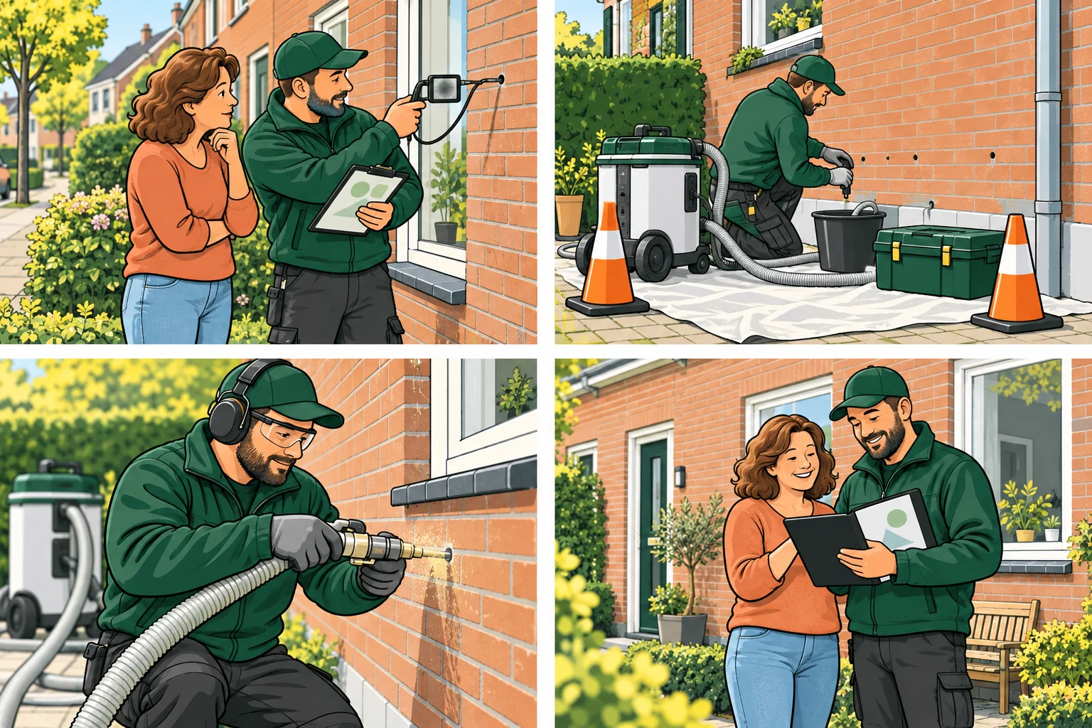 Vier getekende scènes: inspectie van een bakstenen gevel, voorbereiding van het werk, professioneel inblazen van isolatie en gezamenlijke oplevering.
