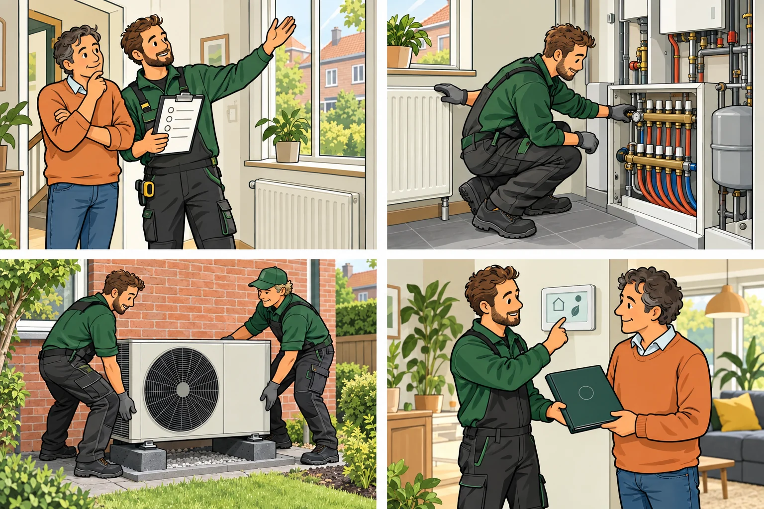 Vier getekende scènes: woningonderzoek, controle van verwarming en afgifte, plaatsing van een buitenunit en uitleg van de bediening bij oplevering.