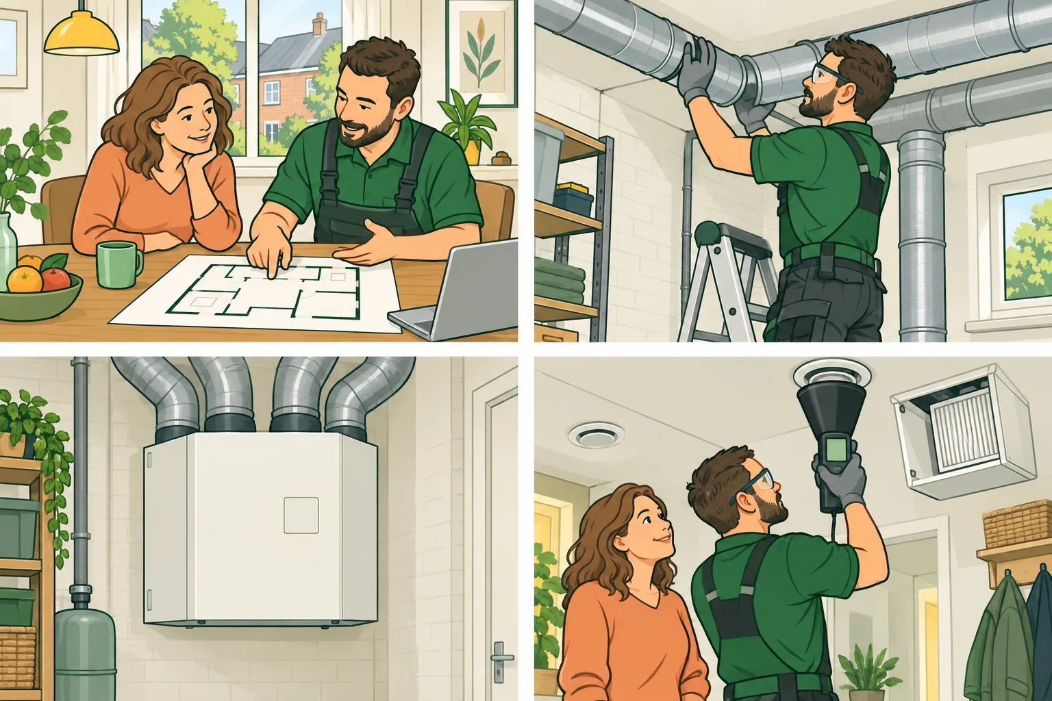Vier getekende scènes: ventilatieplanning, aanleggen van ronde luchtkanalen, een centrale WTW-unit met kanalen en luchtdebiet meten bij een ventiel.